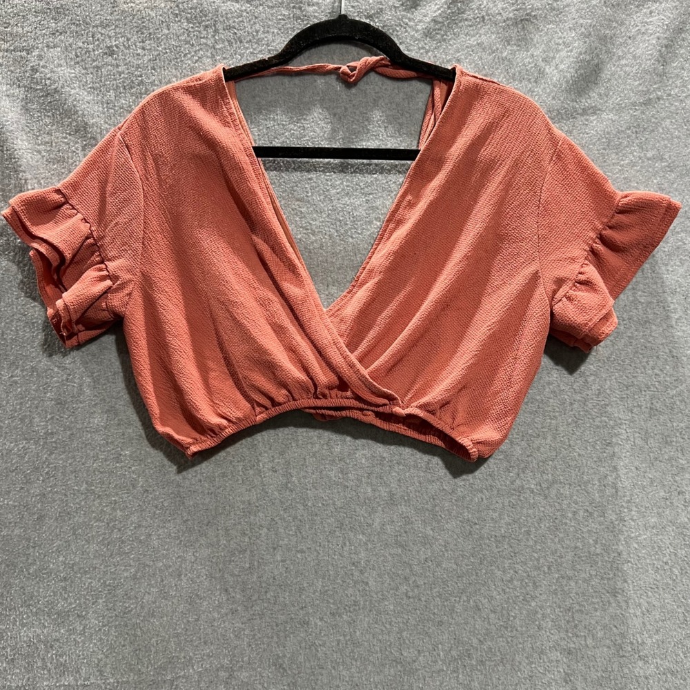 Boho Wrap Crop Top Ruffle Sleeve Open Back Terracotta Rust M